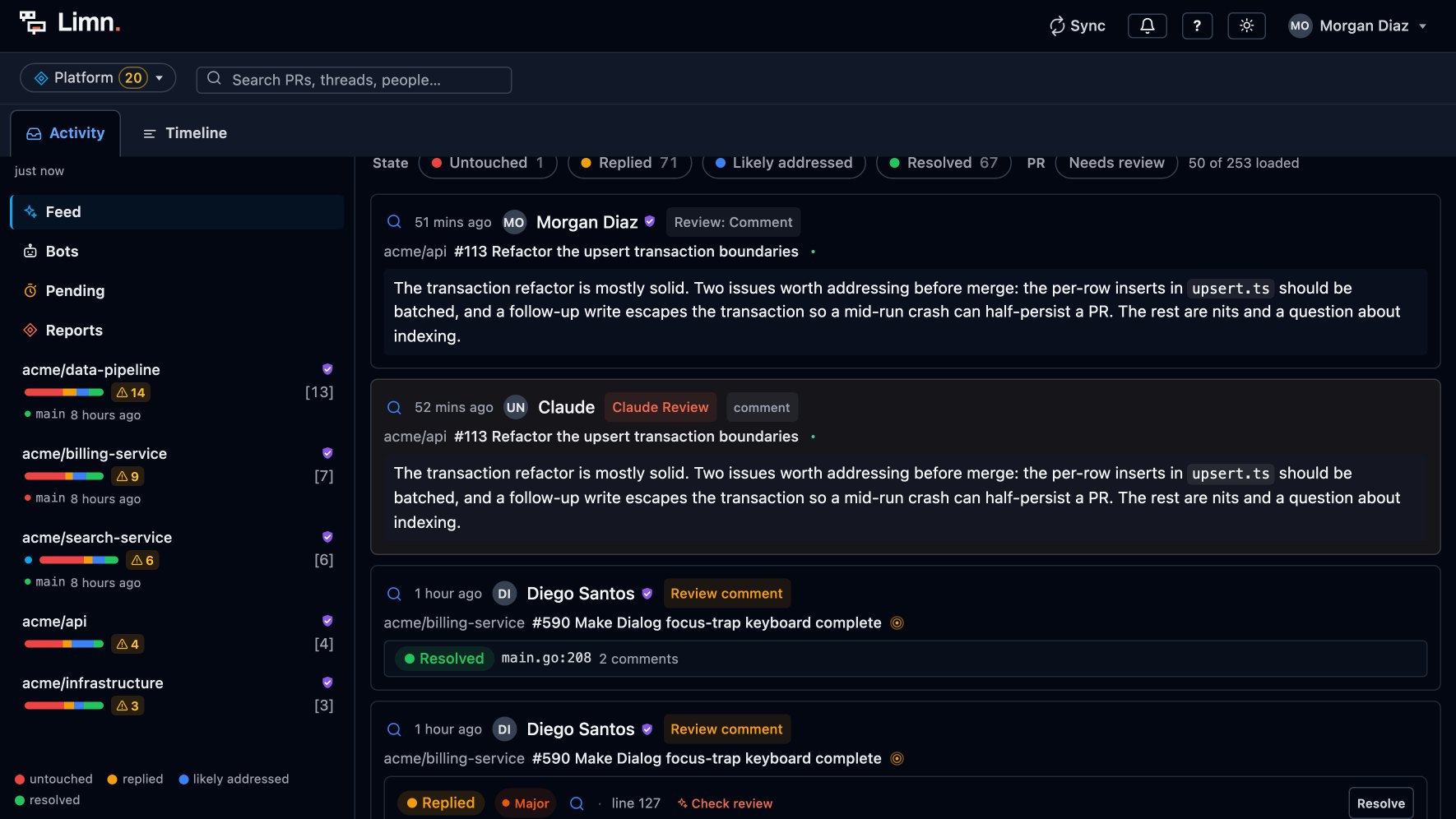 A screen recording moving through six screens: the activity feed, the timeline, one pull request, the addressed check on a bot thread, the bot ROI table, and the period report