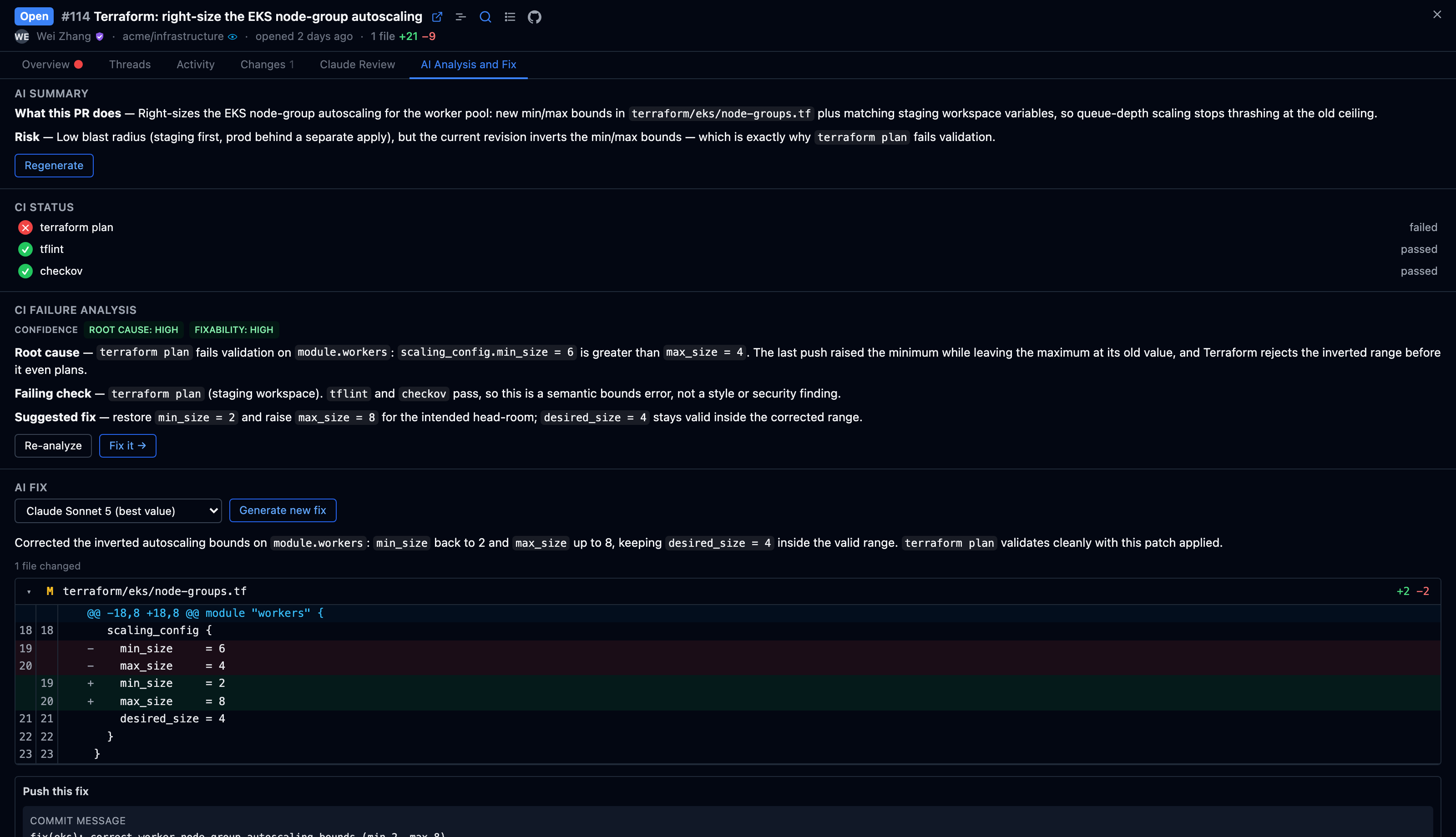 The AI Analysis & Fix tab: a CI-failure diagnosis, a generated patch shown as a reviewable file diff, and push controls.