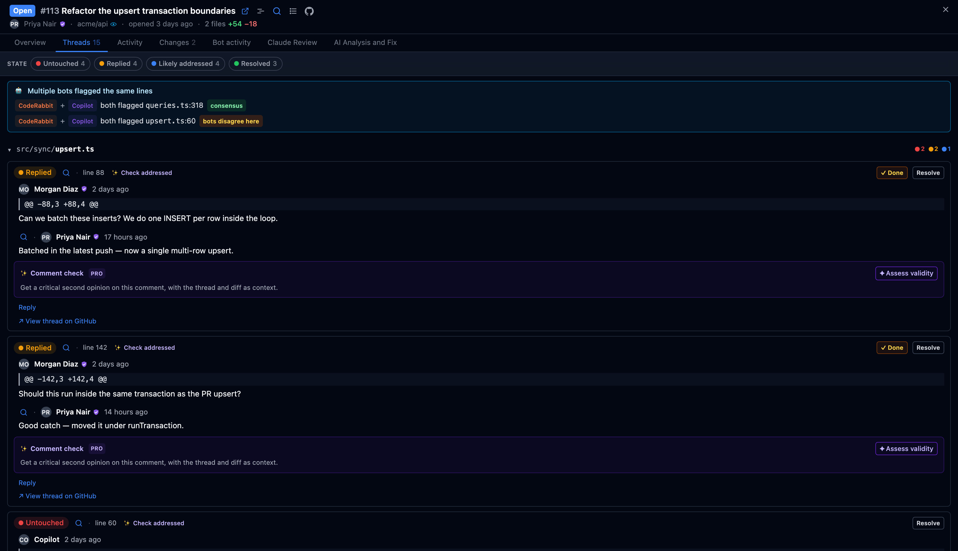 Cross-bot overlap: the same issue raised by two bots on the same code.