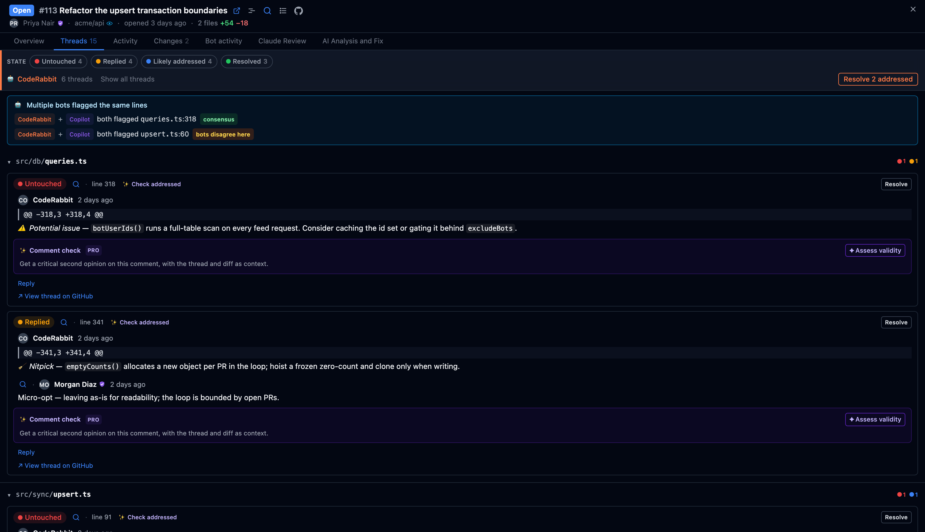 A pull request's review threads, triaged: which of the bot's comments a commit already addressed, and which still need a human.