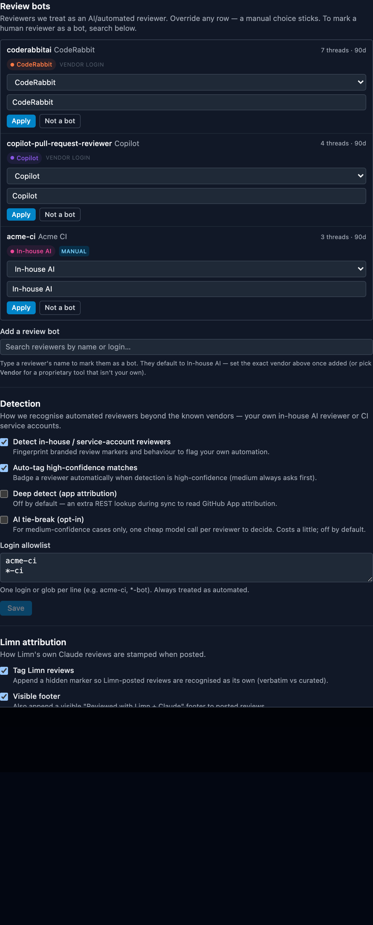 Bot settings: per-workspace classification, identity and monthly cost — the user's override always wins.