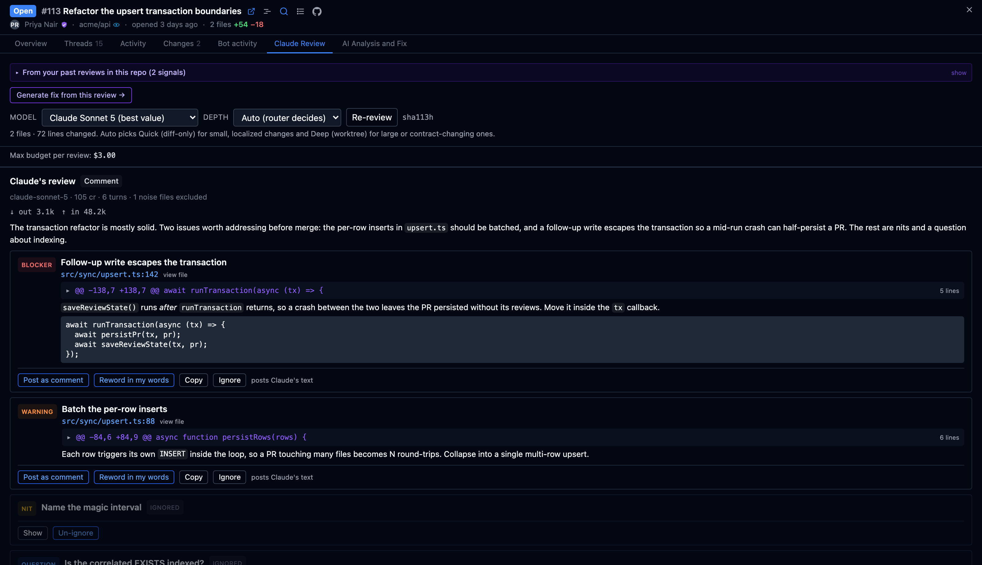 The Claude Review tab: a structured review with severity-tagged, line-anchored findings, a routing badge, and a separate “your review” composer that posts to GitHub.