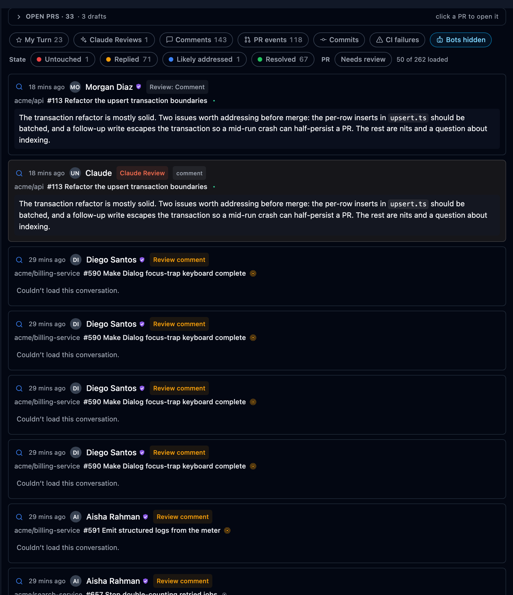 The cross-repository activity feed: one chronological stream of opens, reviews, merges and comments across every repository in the workspace