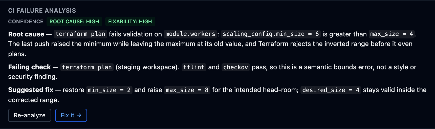 The CI failure analysis: confidence chips, a root-cause explanation, the failing check identified, and a suggested fix.