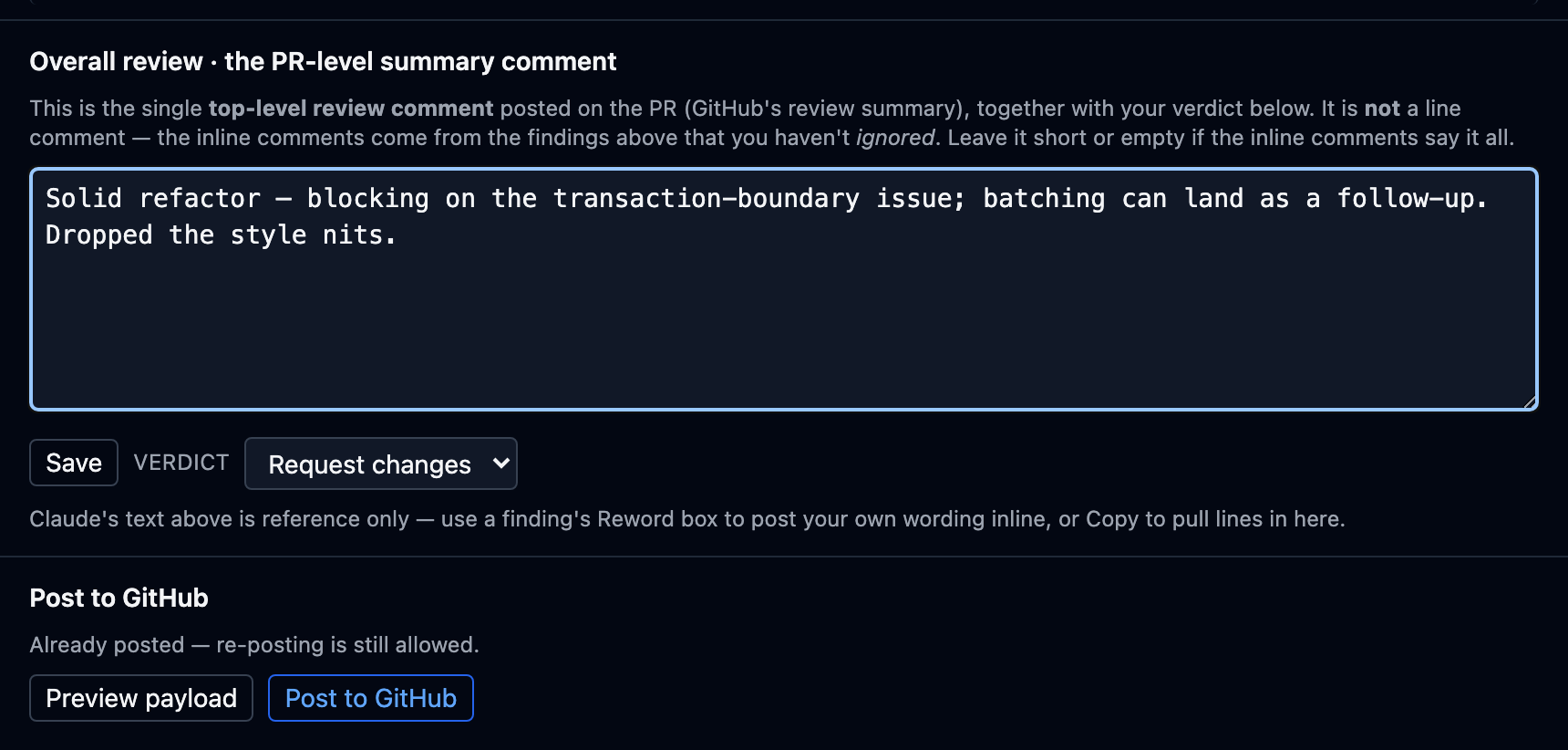 The overall-review composer with a short human-written summary, a verdict picker set to Request changes, and the Preview payload / Post to GitHub controls.