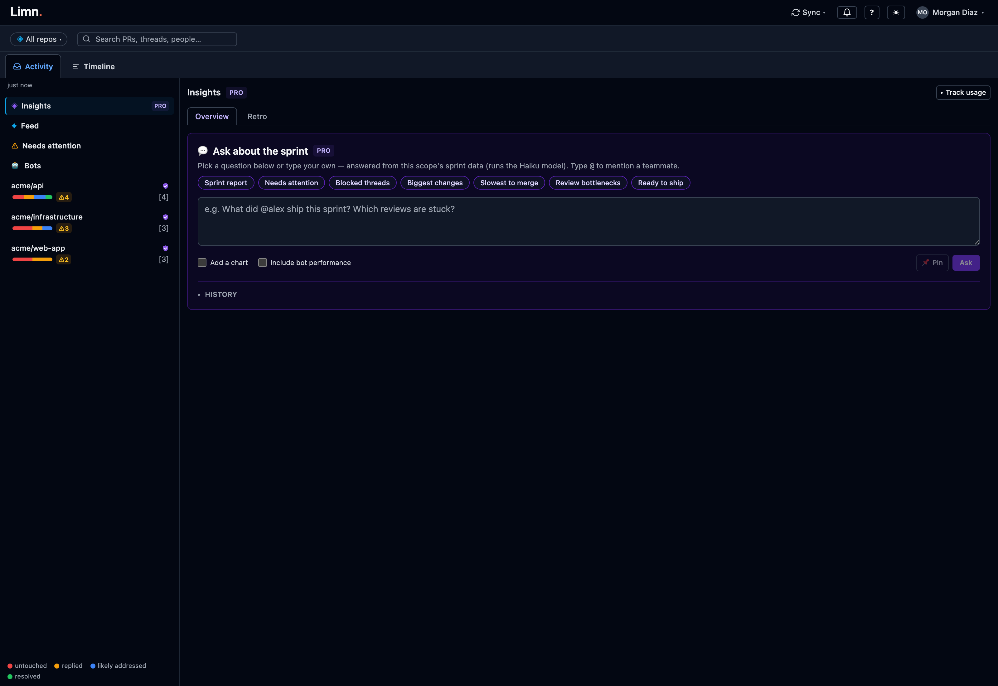 The Insights rail: cards for stalled reviews, untouched threads, reviewer load and recurring review themes.