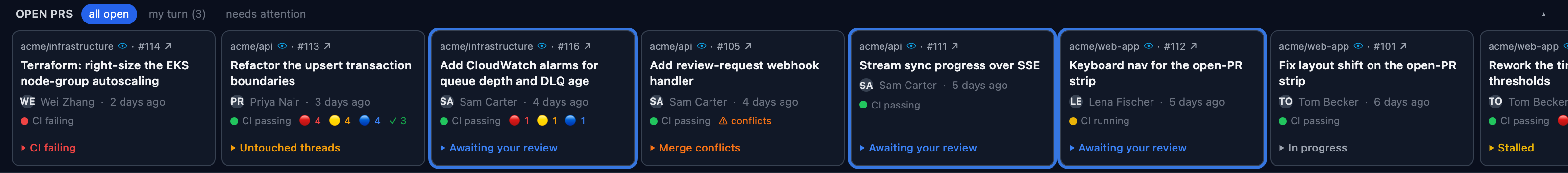 The open-PR strip: a collapsible row of every open PR with all / my-turn / needs-attention filters and reason tags.