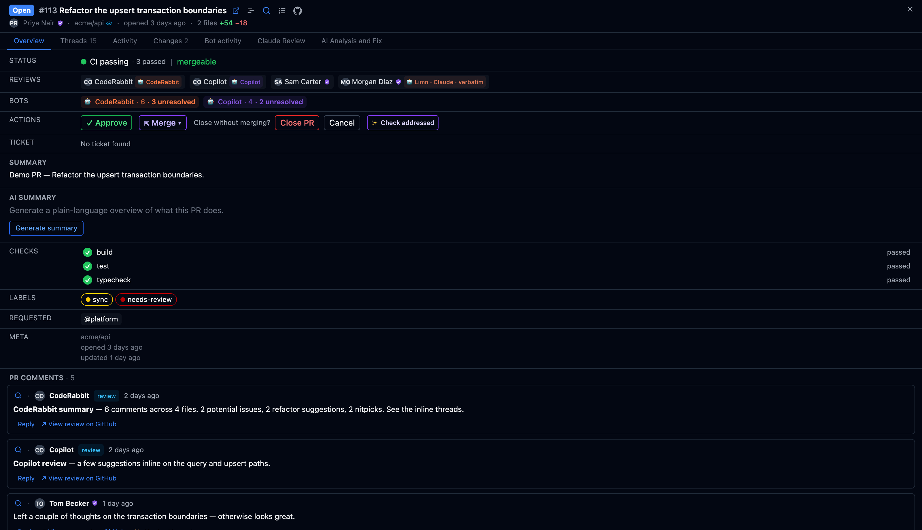 The PR detail pane: Overview with checks, reviewers and approvers; Threads grouped by file; inline diffs; and an Activity feed.